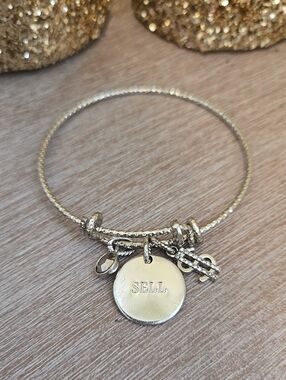 Mary Kay Silver-Tone Charm Bangle Bracelet with Round 'SELL' Disc & Money Charm